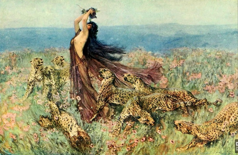 Figure mythologique courant dans un paysage fleuri avec des léopards
