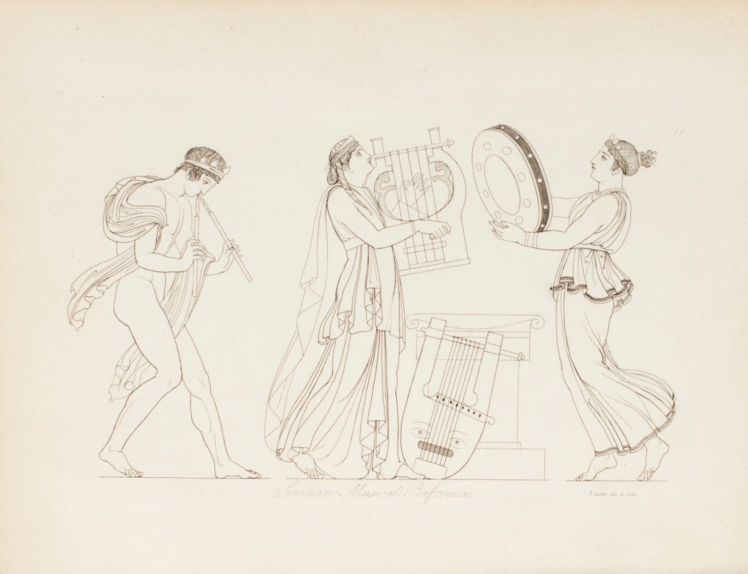 Musiciennes antiques jouant de la flûte, de la lyre et du tambour